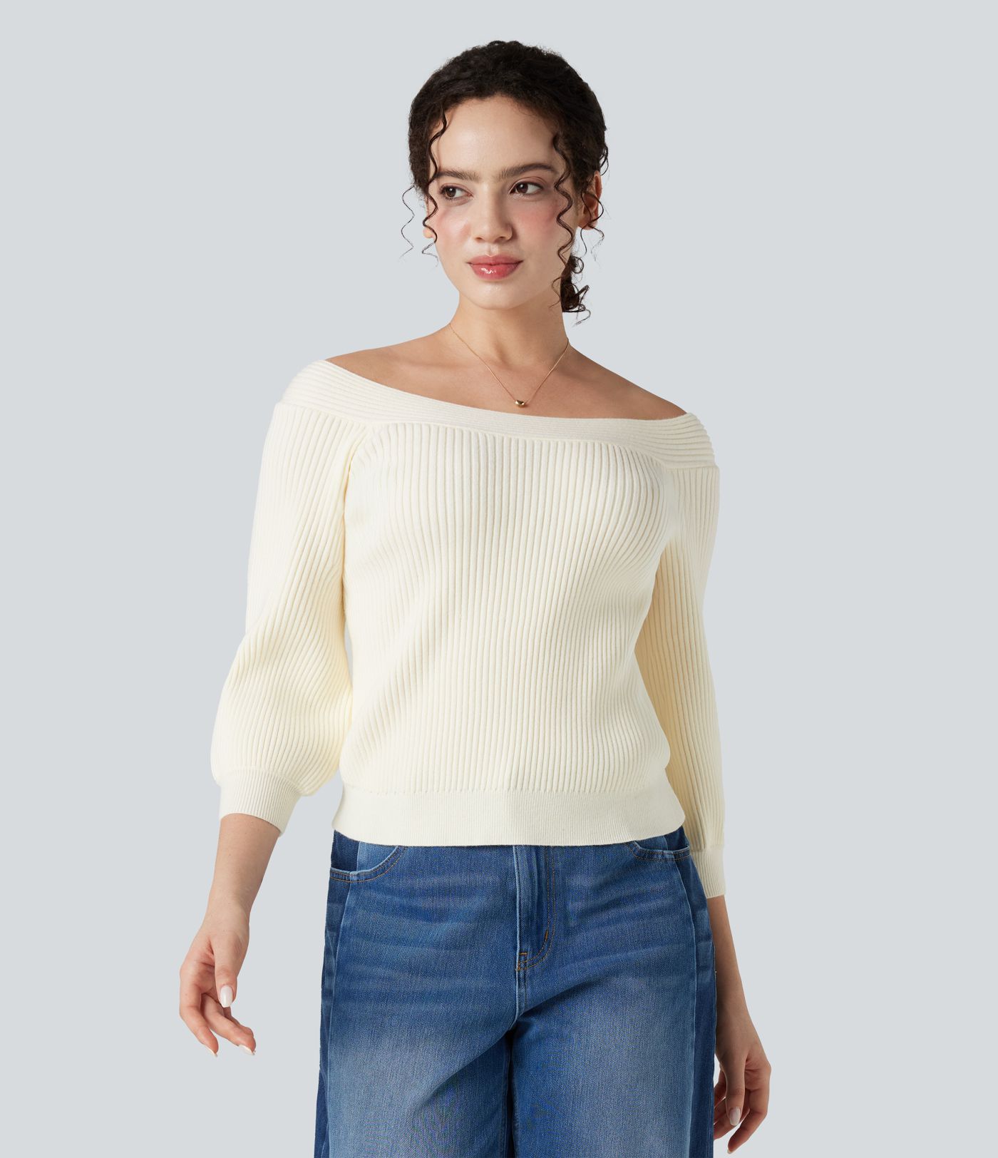 Off Shoulder Puff Sleeve Casual Sweater