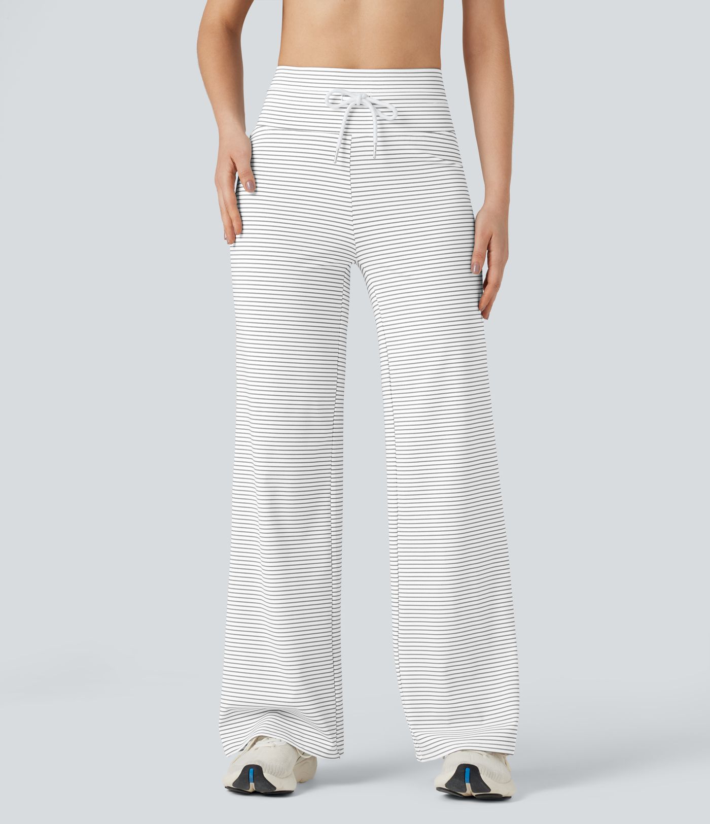 High-waisted Drawstring Stripe Yoga Straight-leg Pants with Pockets