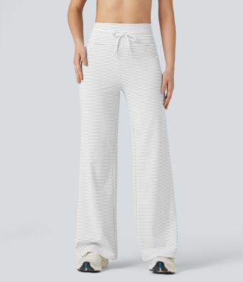 High-waisted Drawstring Stripe Yoga Straight-leg Pants with Pockets