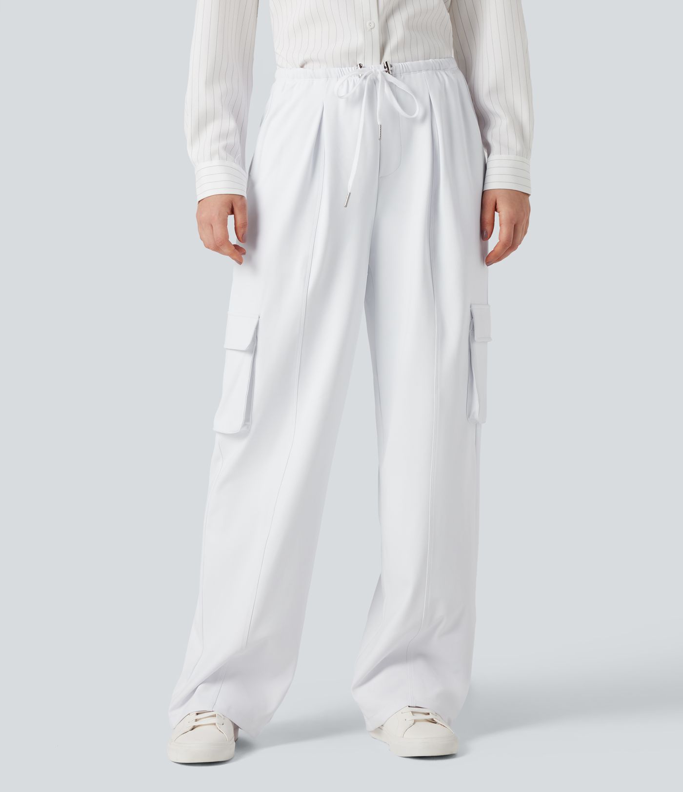 DayStretch High Waisted Drawstring Straight Leg Casual Cargo Pants with Pockets