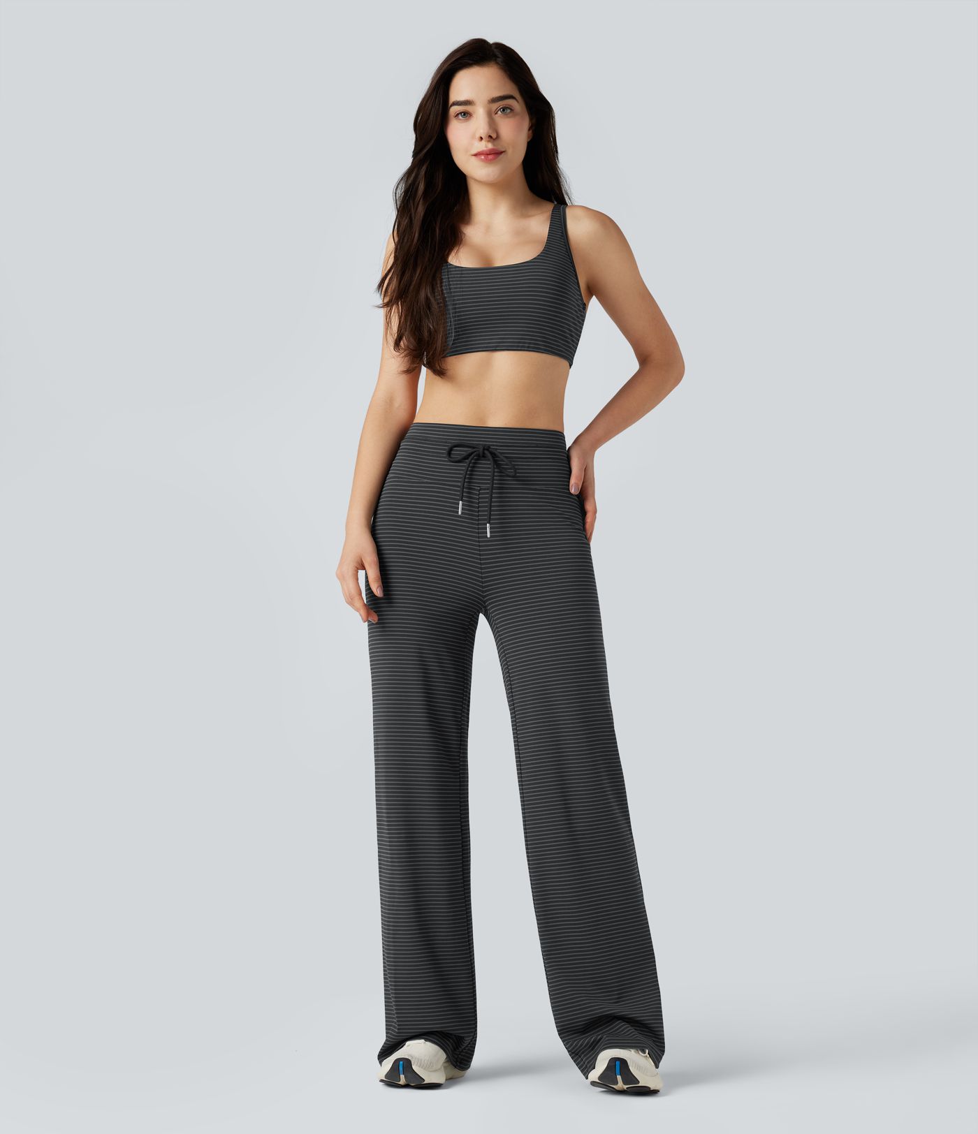 High-waisted Drawstring Stripe Yoga Straight-leg Trousers with Pockets