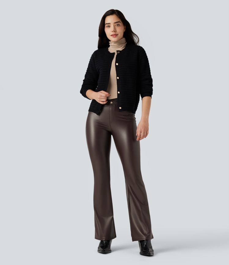 Asymmetric High Waisted Tummy Control Stretchy PU Fleece Casual Flare Pants with Pockets