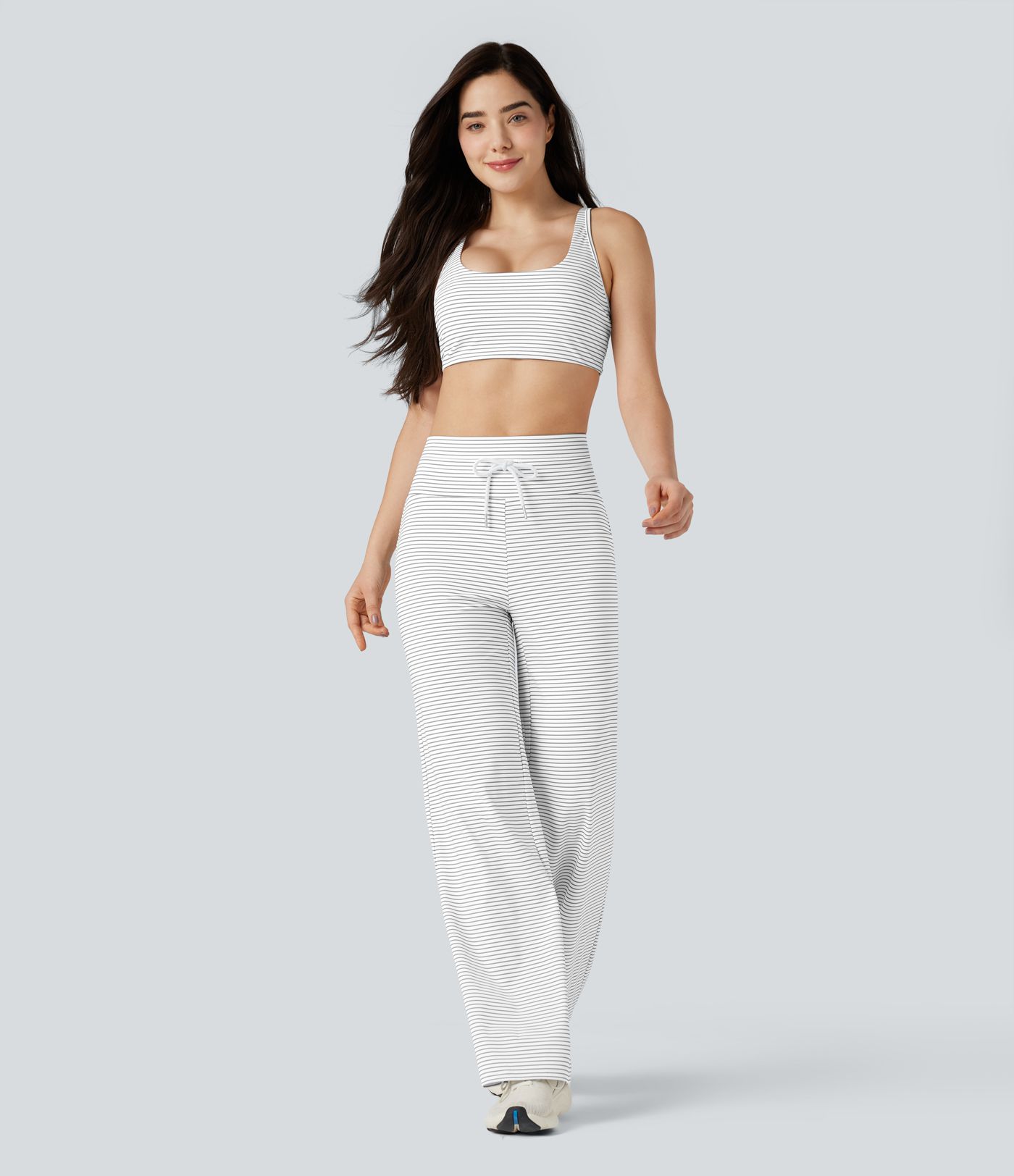 High-waisted Drawstring Stripe Yoga Straight-leg Pants with Pockets