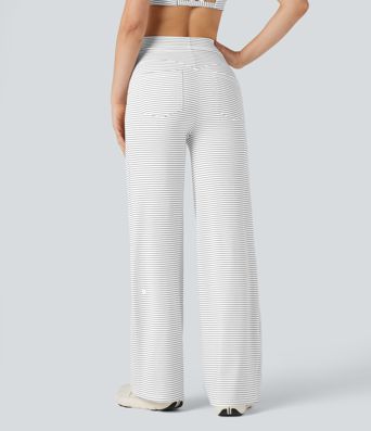 High-waisted Drawstring Stripe Yoga Straight-leg Pants with Pockets