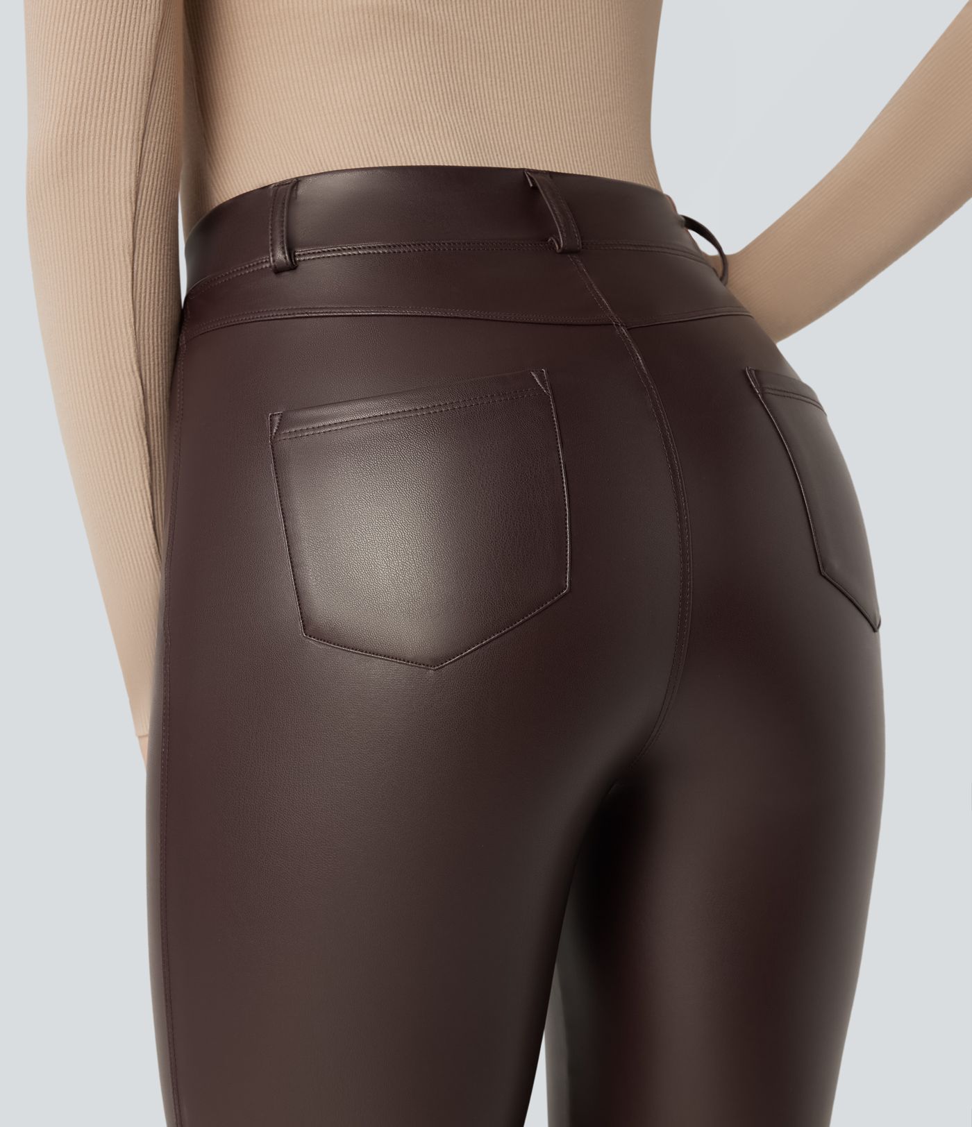 Asymmetric High Waisted Tummy Control Stretchy PU Fleece Casual Flare Pants with Pockets