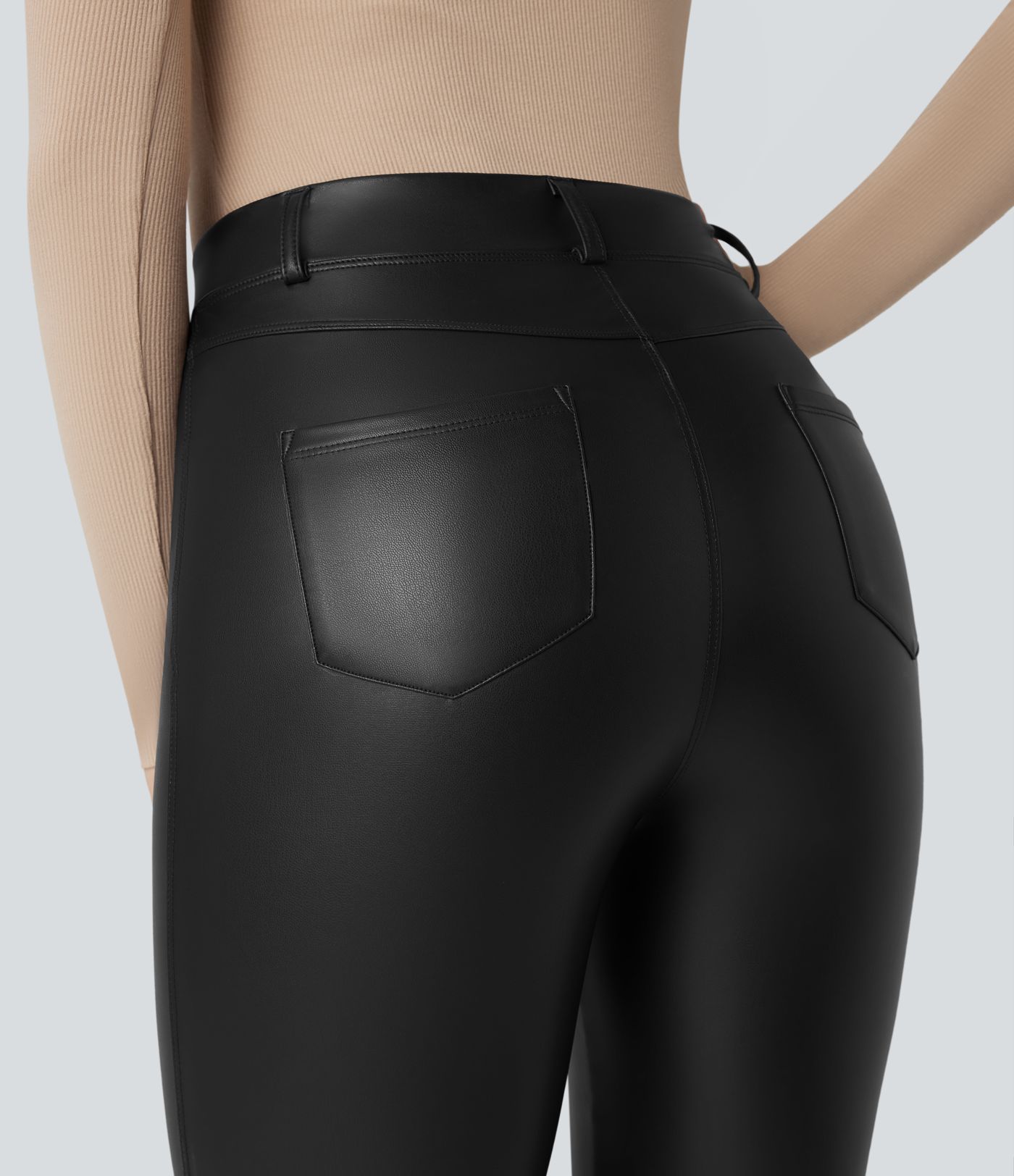 Asymmetric High Waisted Tummy Control Stretchy PU Fleece Casual Flare Pants with Pockets