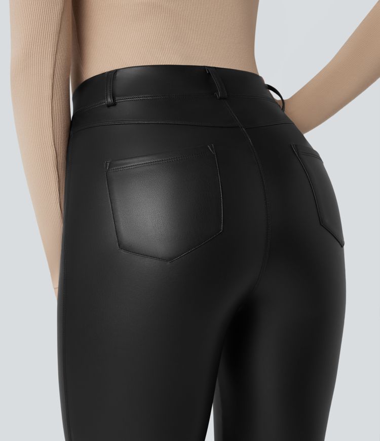 Asymmetric High Waisted Tummy Control Stretchy PU Fleece Casual Flare Pants with Pockets