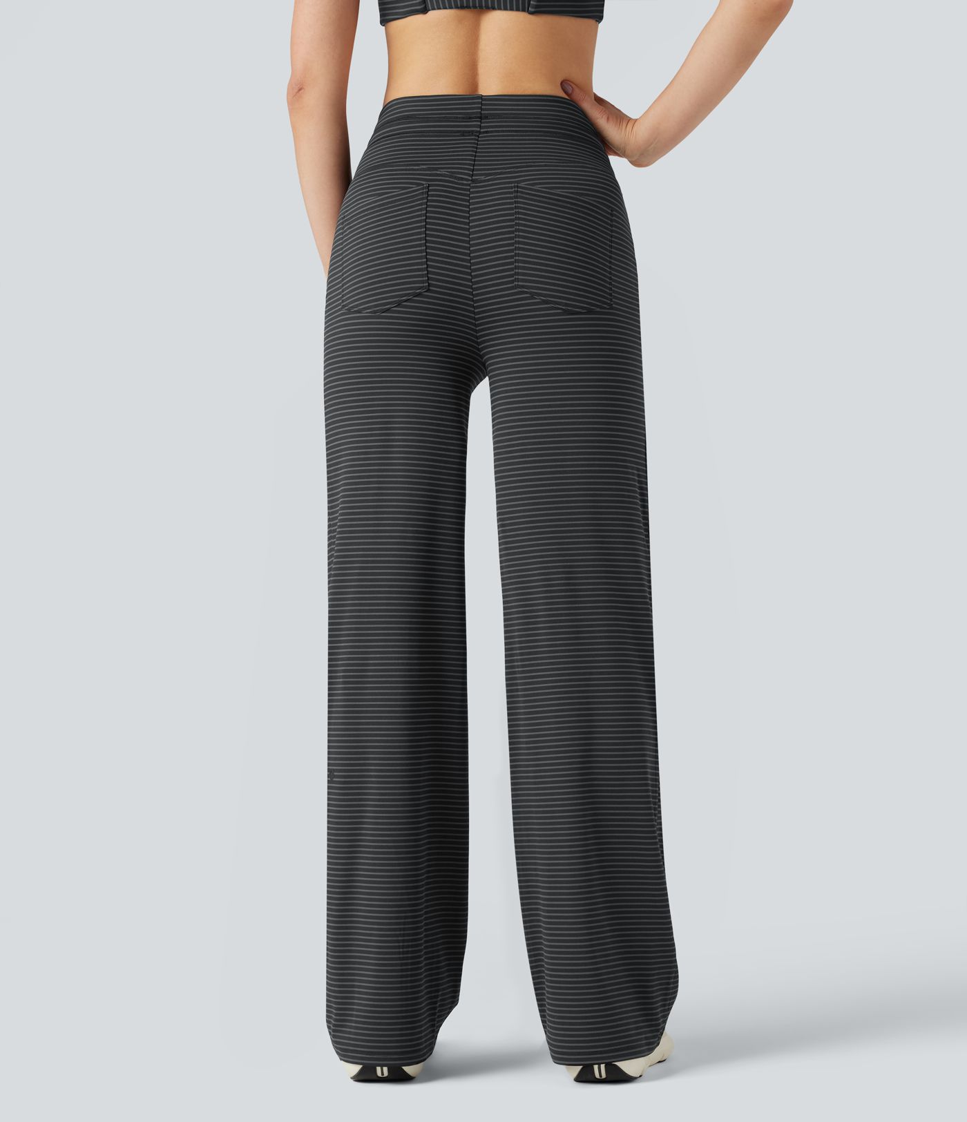 High-waisted Drawstring Stripe Yoga Straight-leg Trousers with Pockets