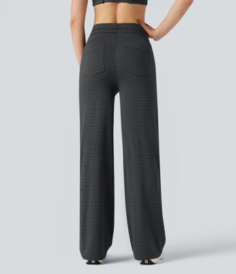 High-waisted Drawstring Stripe Yoga Straight-leg Trousers with Pockets