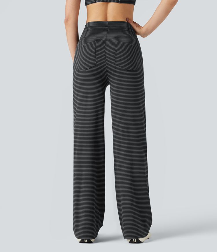 High-waisted Drawstring Stripe Yoga Straight-leg Trousers with Pockets