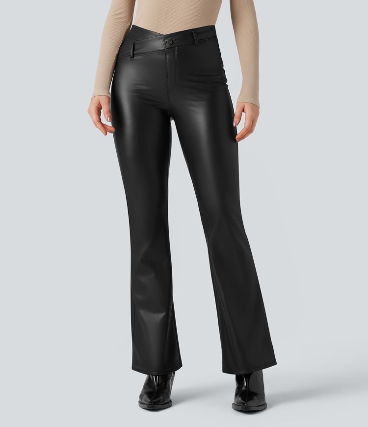 Asymmetric High Waisted Tummy Control Stretchy PU Faux Leather Fleece Casual Flared Trousers with Pockets