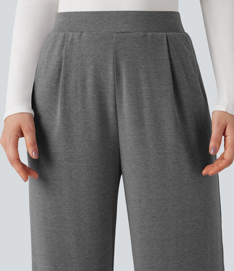 Pantalon large thermique confortable taille haute avec poches