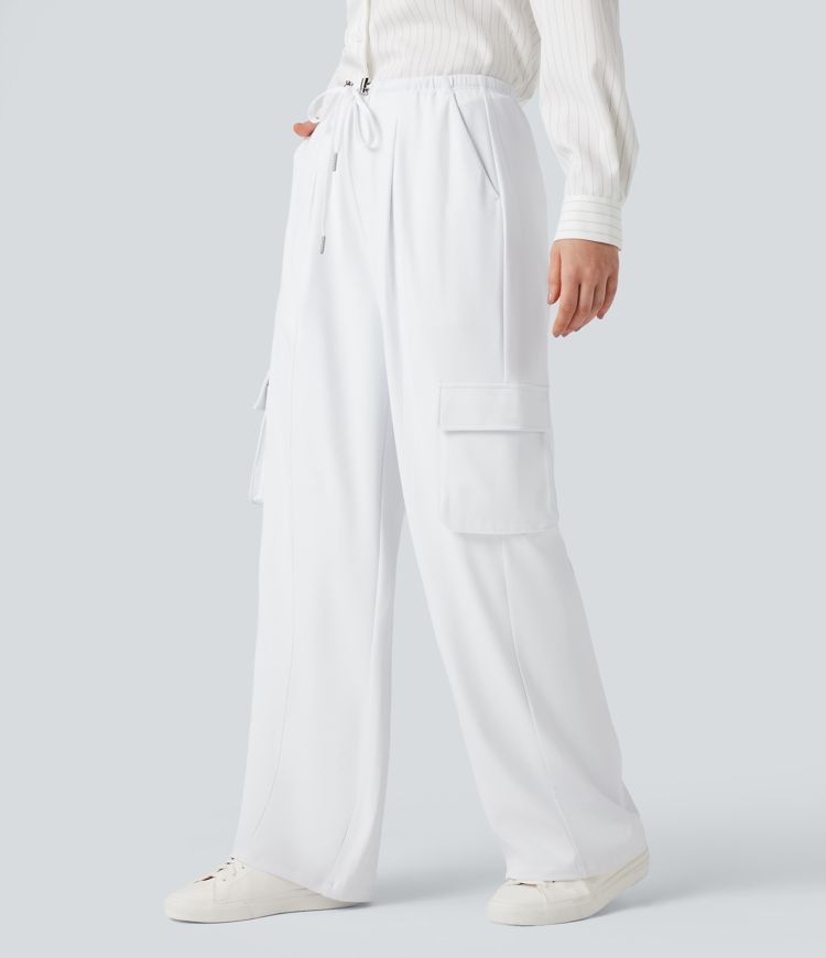 High Waisted Drawstring Straight Leg Casual Cargo Pants with Pockets