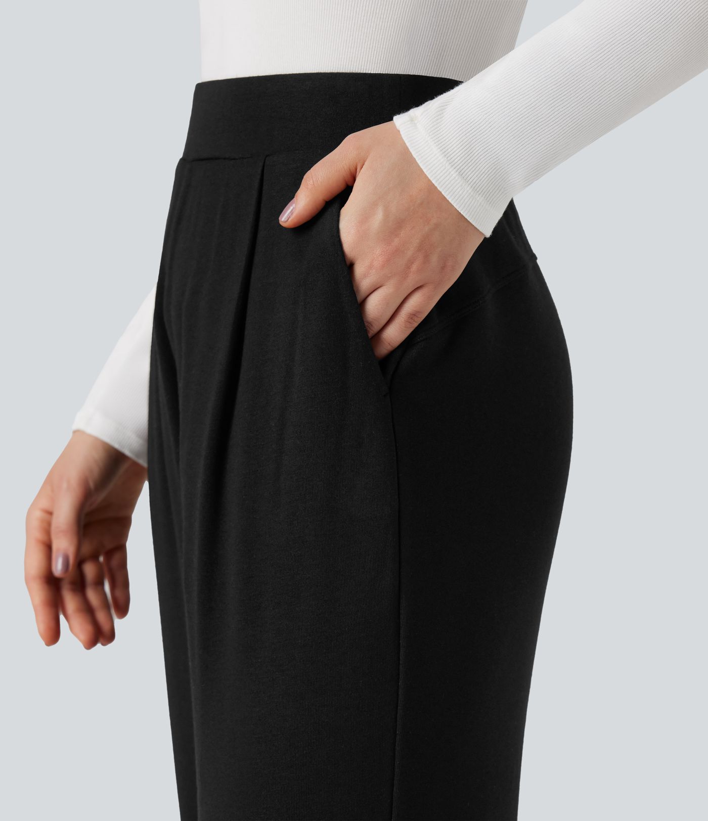 Pantalon large thermique confortable taille haute avec poches