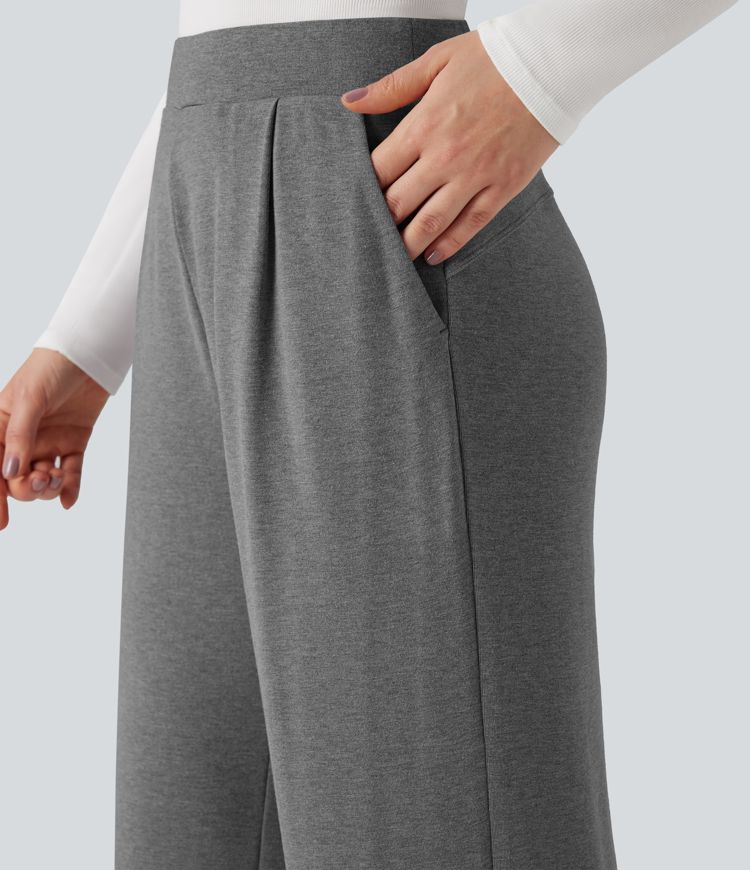 Pantalon large thermique confortable taille haute avec poches