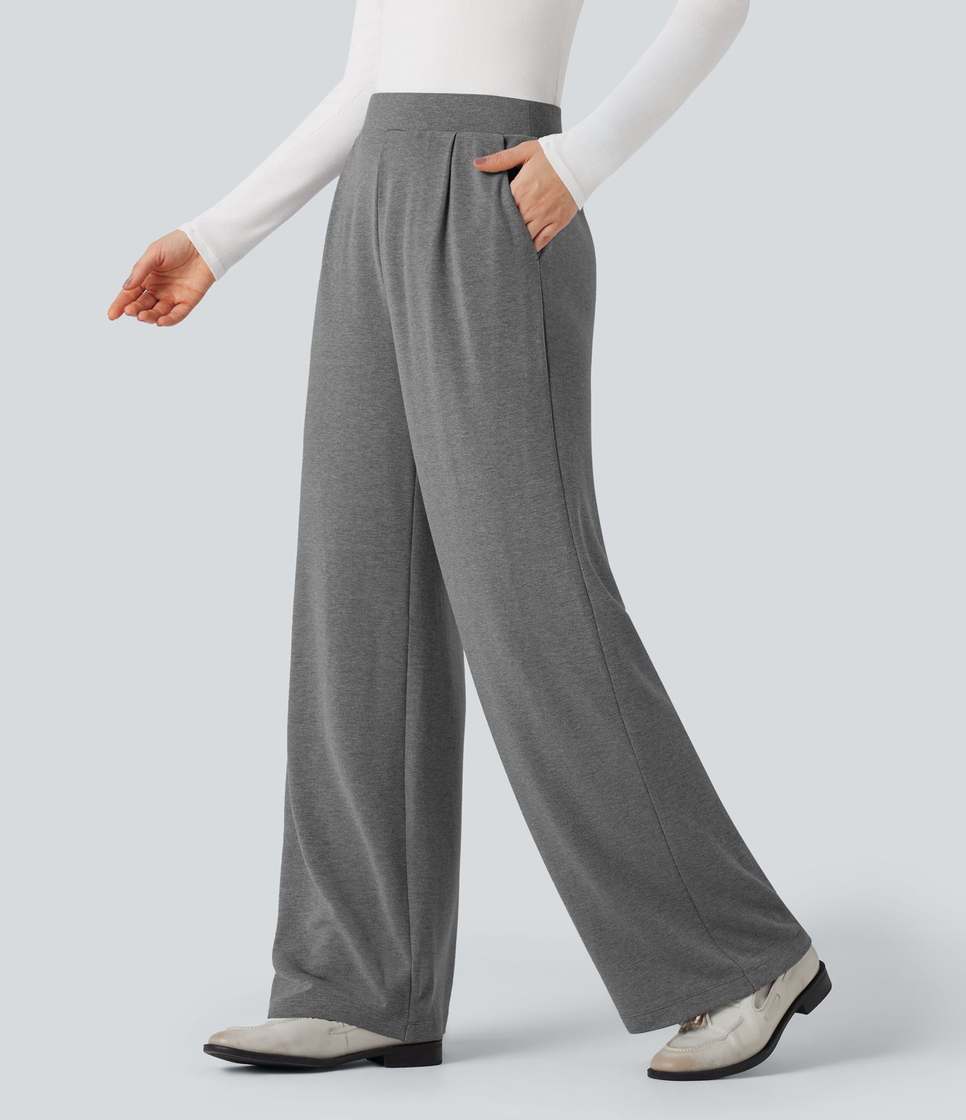  Thermo-Stoffhose mit hohem Bund, Seitentaschen und weitem Bein