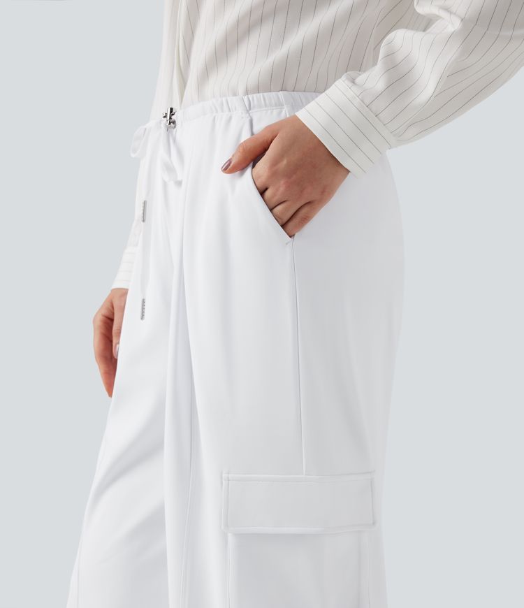 DayStretch High Waisted Drawstring Straight Leg Casual Cargo Pants with Pockets