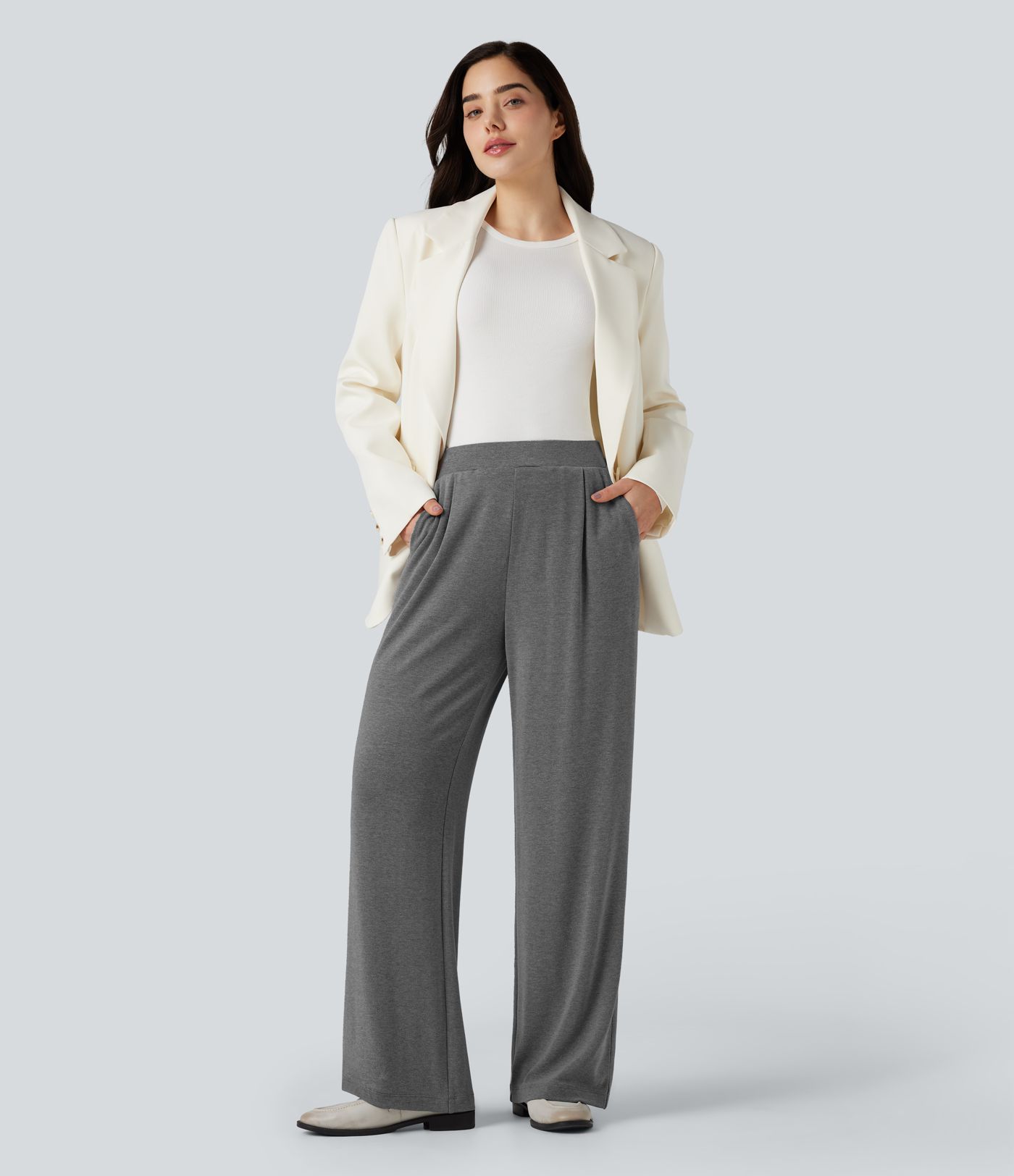  Thermo-Stoffhose mit hohem Bund, Seitentaschen und weitem Bein