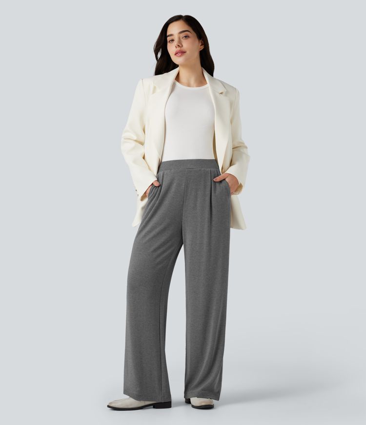 Pantalon large thermique confortable taille haute avec poches