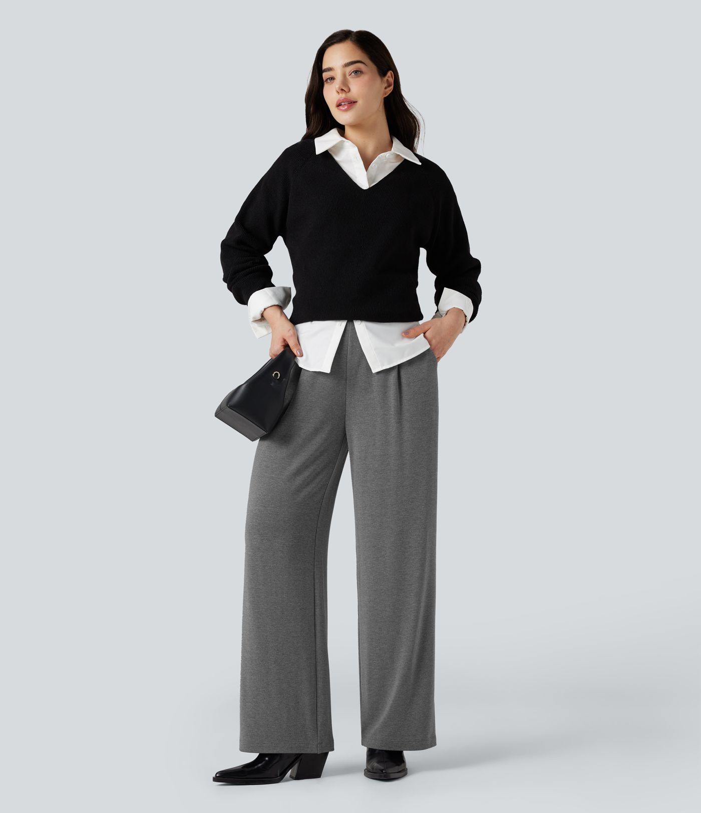  Thermo-Stoffhose mit hohem Bund, Seitentaschen und weitem Bein