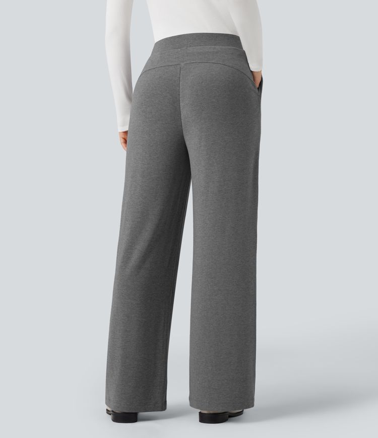 Pantalon large thermique confortable taille haute avec poches