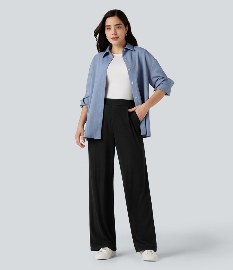  High Waisted Wide Leg Thermal Work Trousers with Pockets