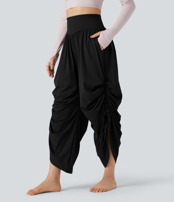 SoftlyZero™ pantalones de yoga holgados y ligeros de talle alto con cordón, fruncidos y bolsillos