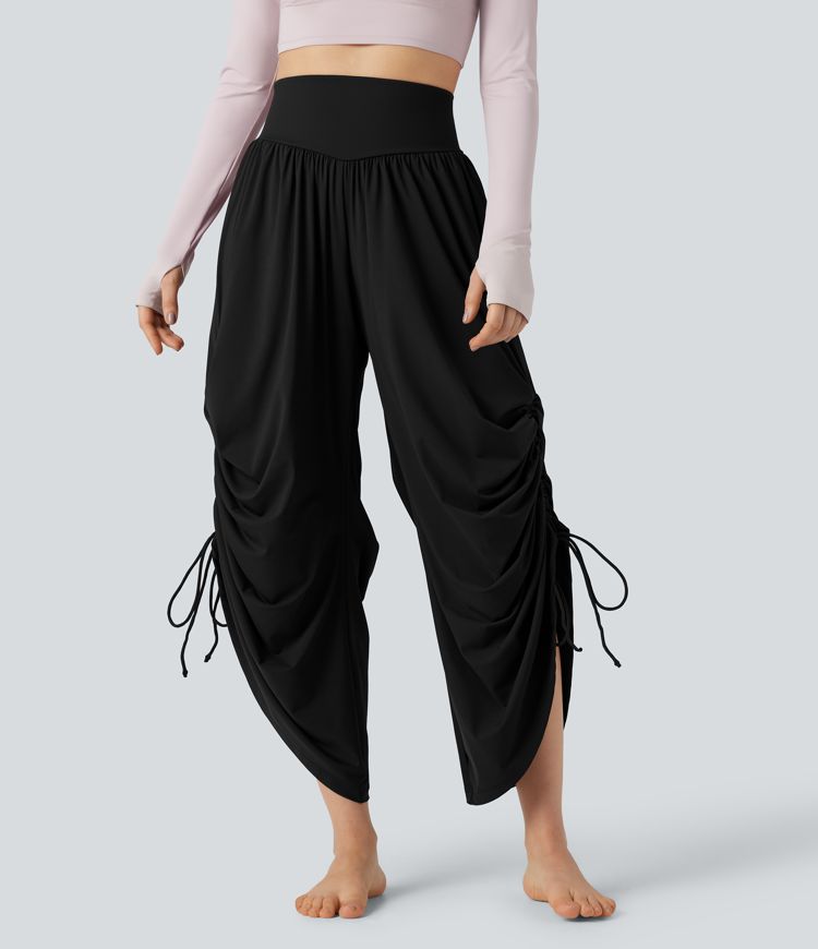SoftlyZero™ pantalones de yoga holgados y ligeros de talle alto con cordón, fruncidos y bolsillos