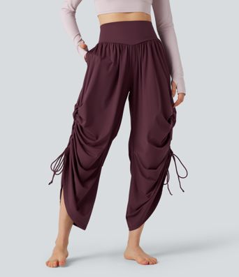 SoftlyZero™ Luftige, hoch taillierte Baggy-Yoga-Hose mit Kordelzug, Raffung und Taschen