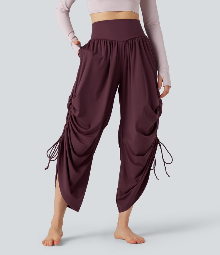 SoftlyZero™ Luftige, hoch taillierte Baggy-Yoga-Hose mit Kordelzug, Raffung und Taschen