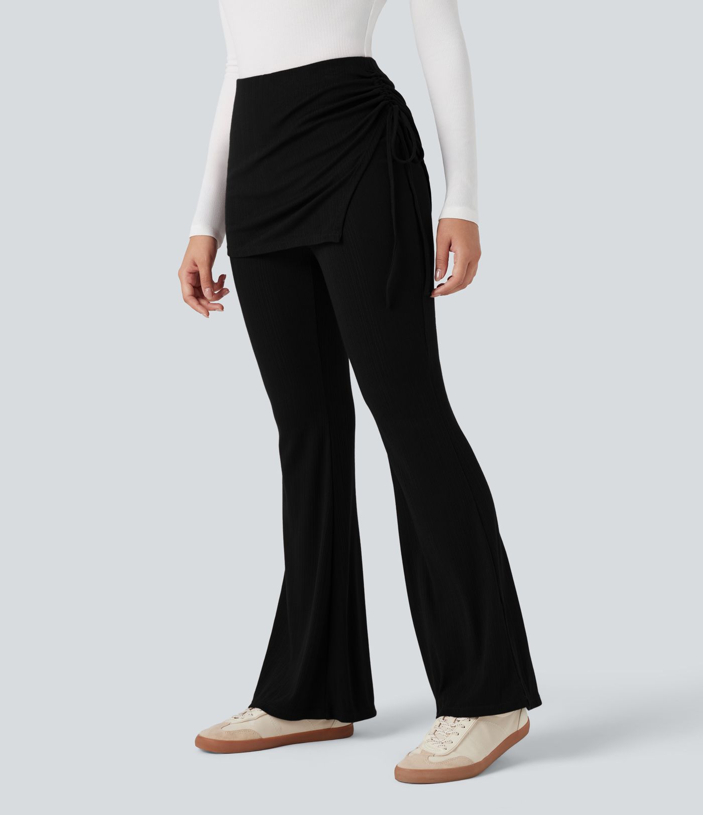 Ribbed Knit Mid Rise Ruched Drawstring 2-in-1 Casual Flare Pants