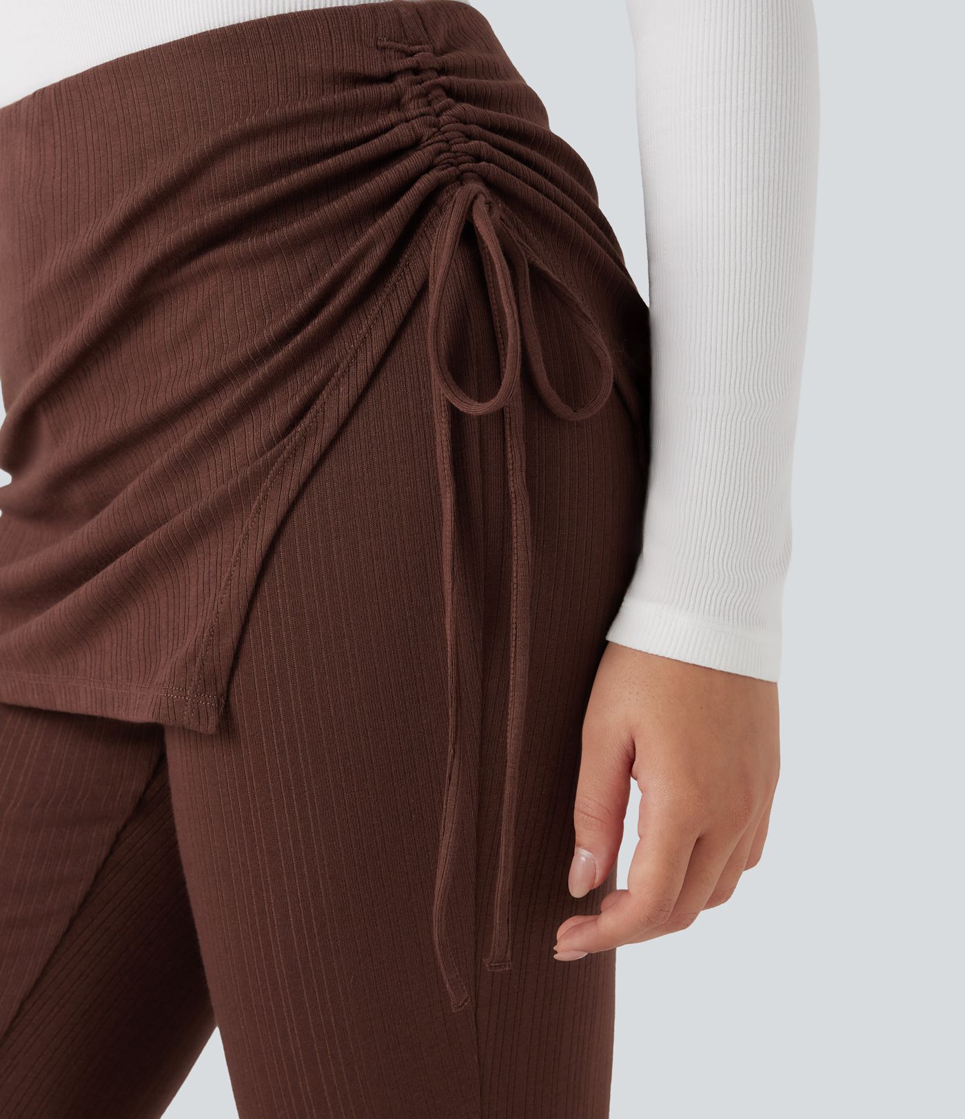 Ribbed Knit Mid Rise Ruched Drawstring 2-in-1 Casual Flare Pants