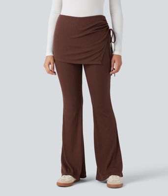 Ribbed Knit Mid Rise Ruched Drawstring 2-in-1 Casual Flare Pants