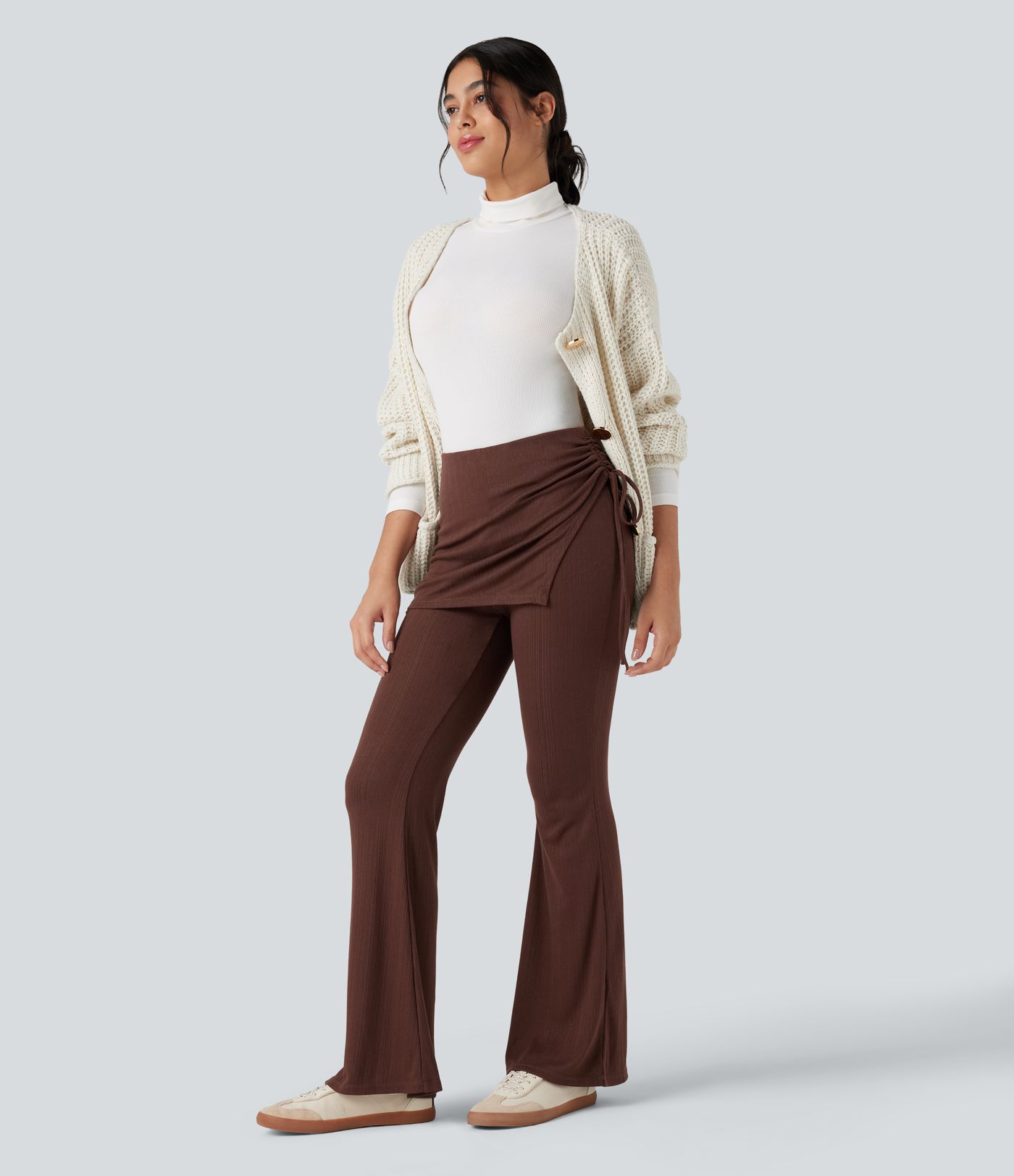 Ribbed Knit Mid Rise Ruched Drawstring 2-in-1 Casual Flare Pants