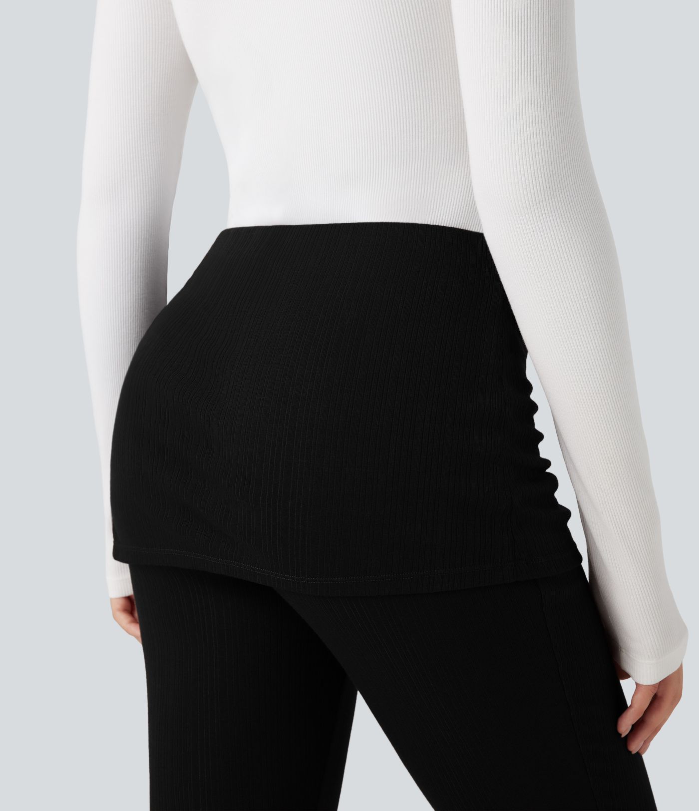 Ribbed Knit Mid Rise Ruched Drawstring 2-in-1 Casual Flare Pants