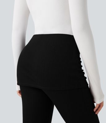 Ribbed Knit Mid Rise Ruched Drawstring 2-in-1 Casual Flare Pants