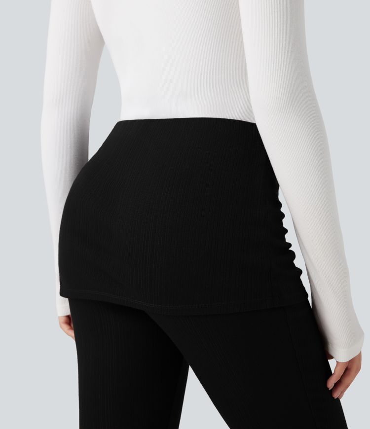 Ribbed Knit Mid Rise Ruched Drawstring 2-in-1 Casual Flare Pants