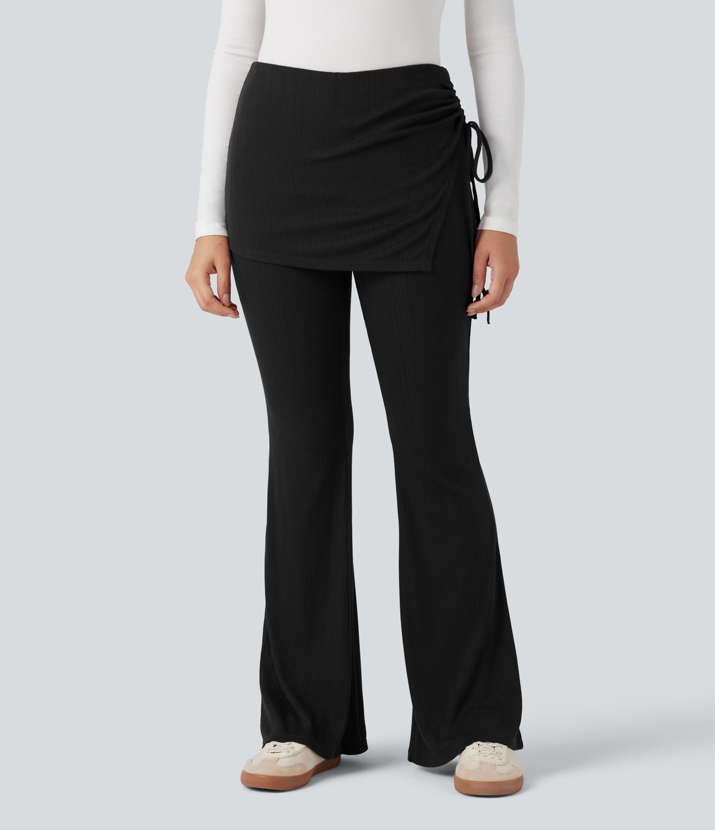 Ribbed Knit Mid Rise Ruched Drawstring 2-in-1 Casual Flare Pants