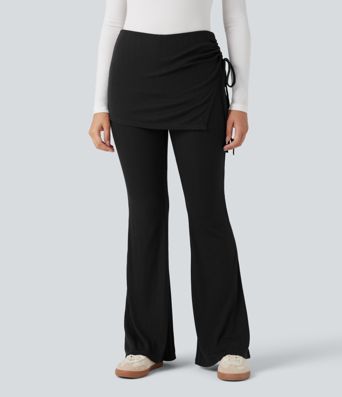 Ribbed Knit Mid Rise Ruched Drawstring 2-in-1 Casual Flare Pants