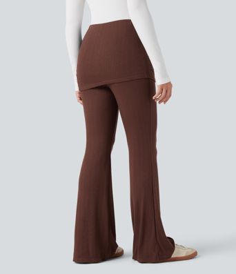 Ribbed Knit Mid Rise Ruched Drawstring 2-in-1 Casual Flare Pants