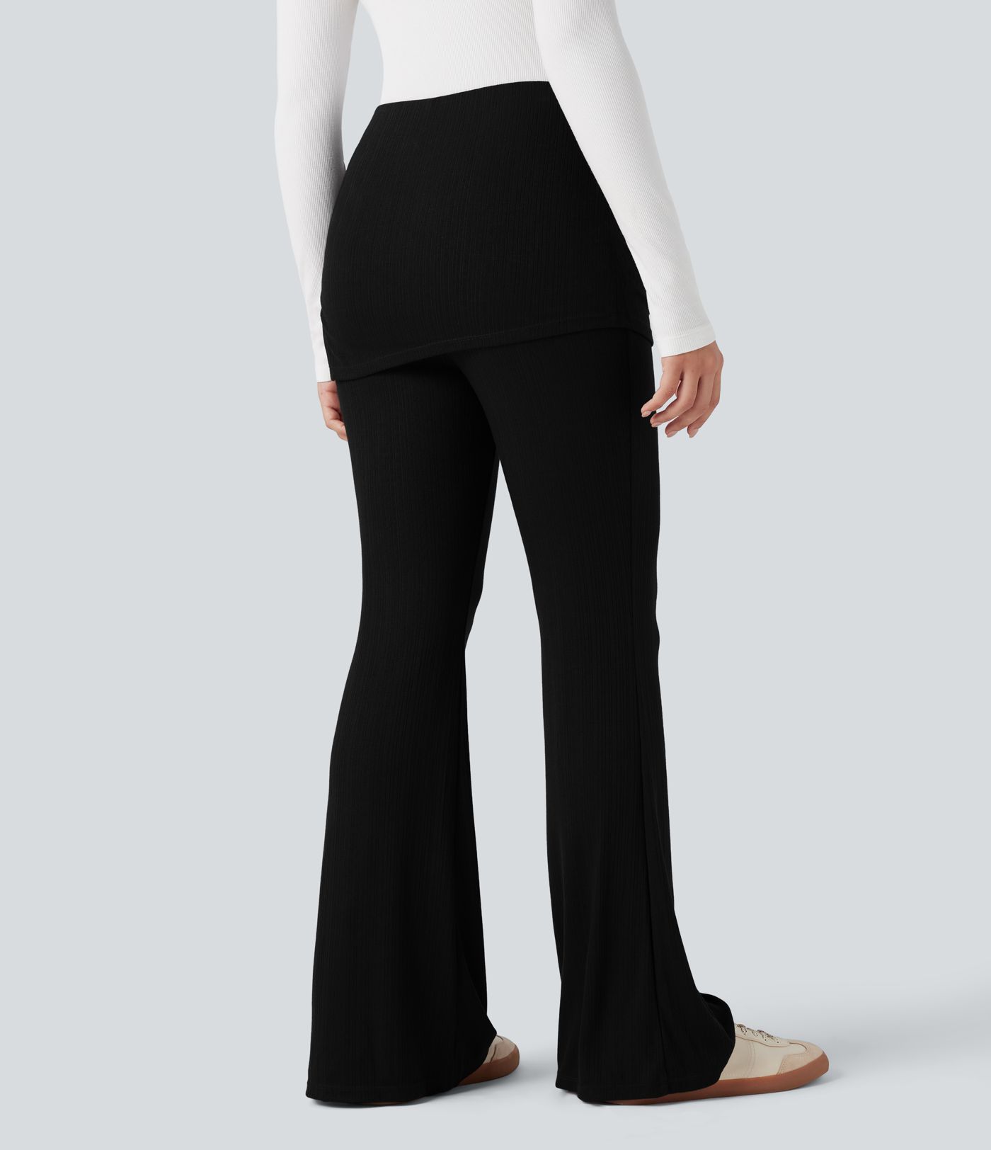 Ribbed Knit Mid Rise Ruched Drawstring 2-in-1 Casual Flare Pants