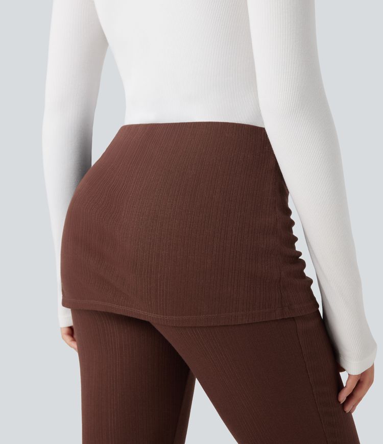 Ribbed Knit Mid Rise Ruched Drawstring 2-in-1 Casual Flare Pants