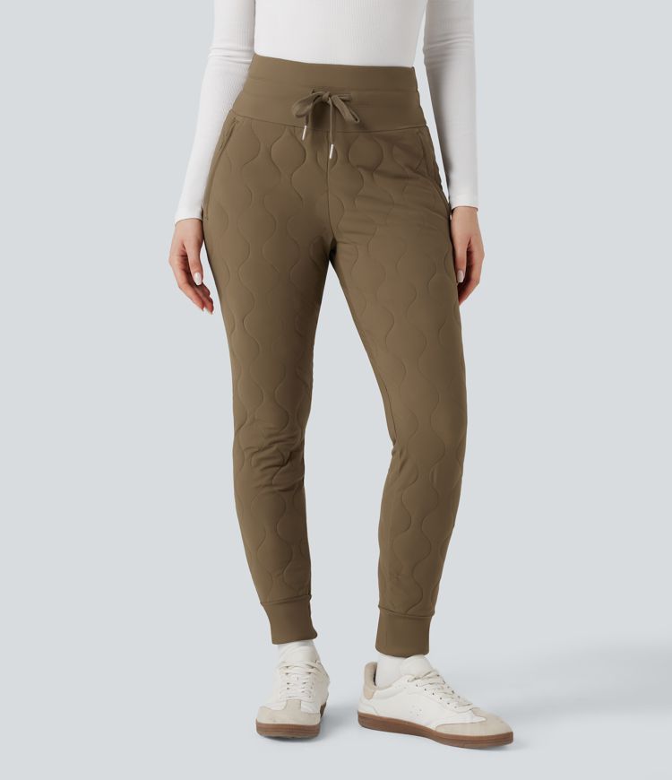 High Waisted Drawstring Casual Quilted Joggers with Pockets