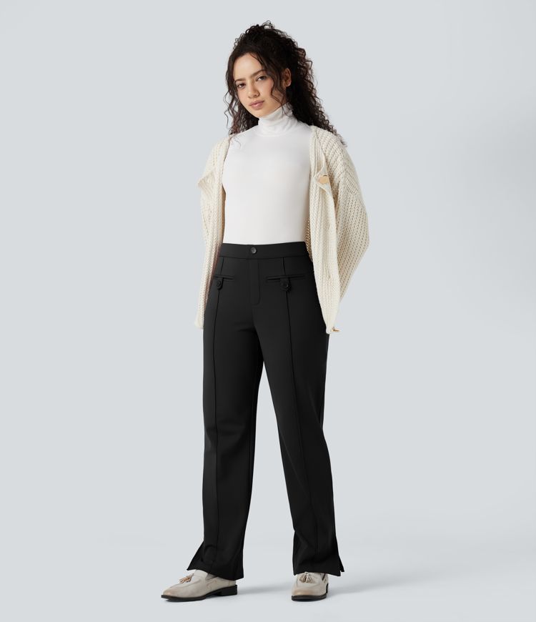 SoftlyZero™ Plush Thermal Mid Rise Split Hem Straight Leg Work Pants with Pockets SoftlyZero™ Plush Thermal Mid Rise Split Hem Straight Leg Work Pants with Pockets