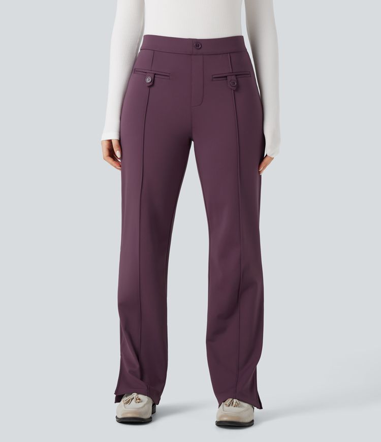 SoftlyZero™ Plush Thermal Mid Rise Split Hem Straight Leg Work Pants with Pockets