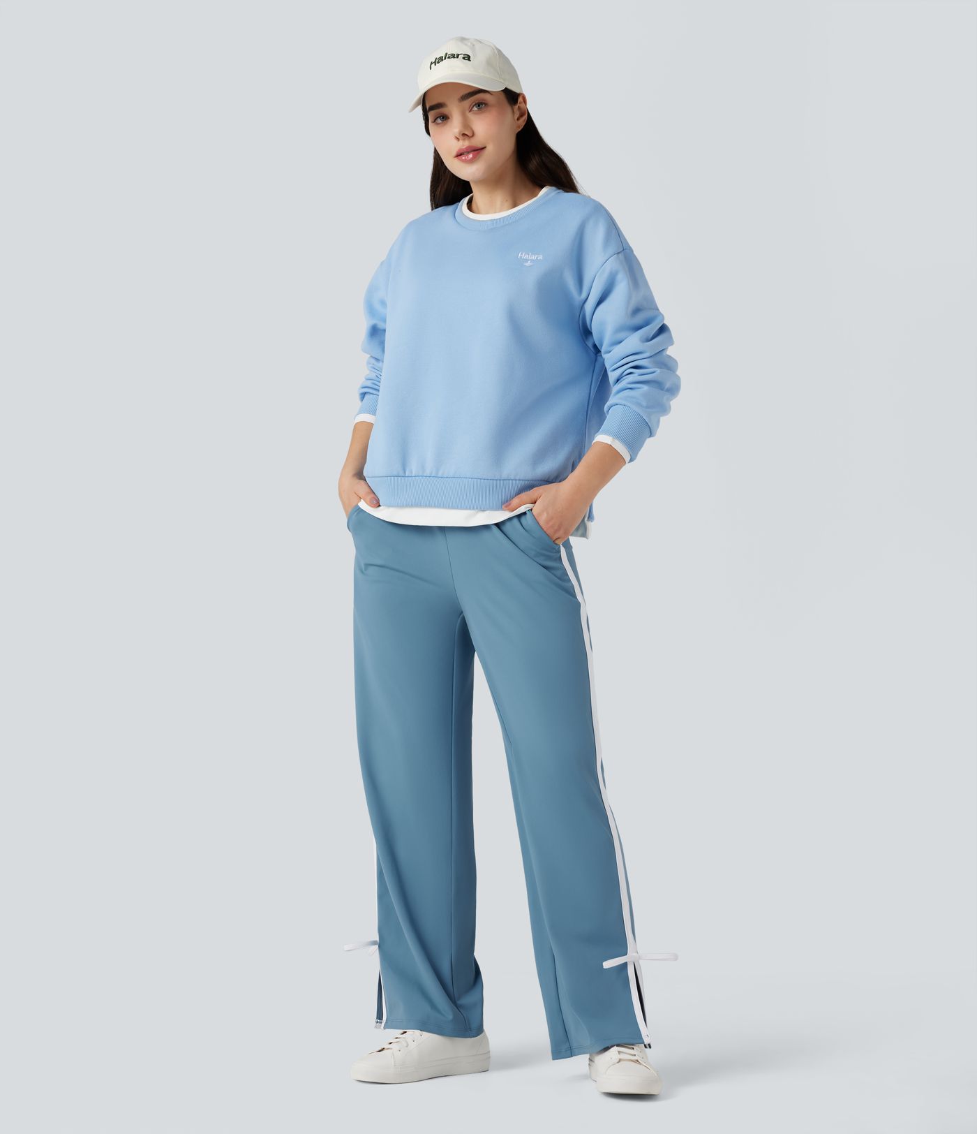 DayStretch Mid Rise Side Stripe Split Bow Casual Straight-leg Pants with Pockets