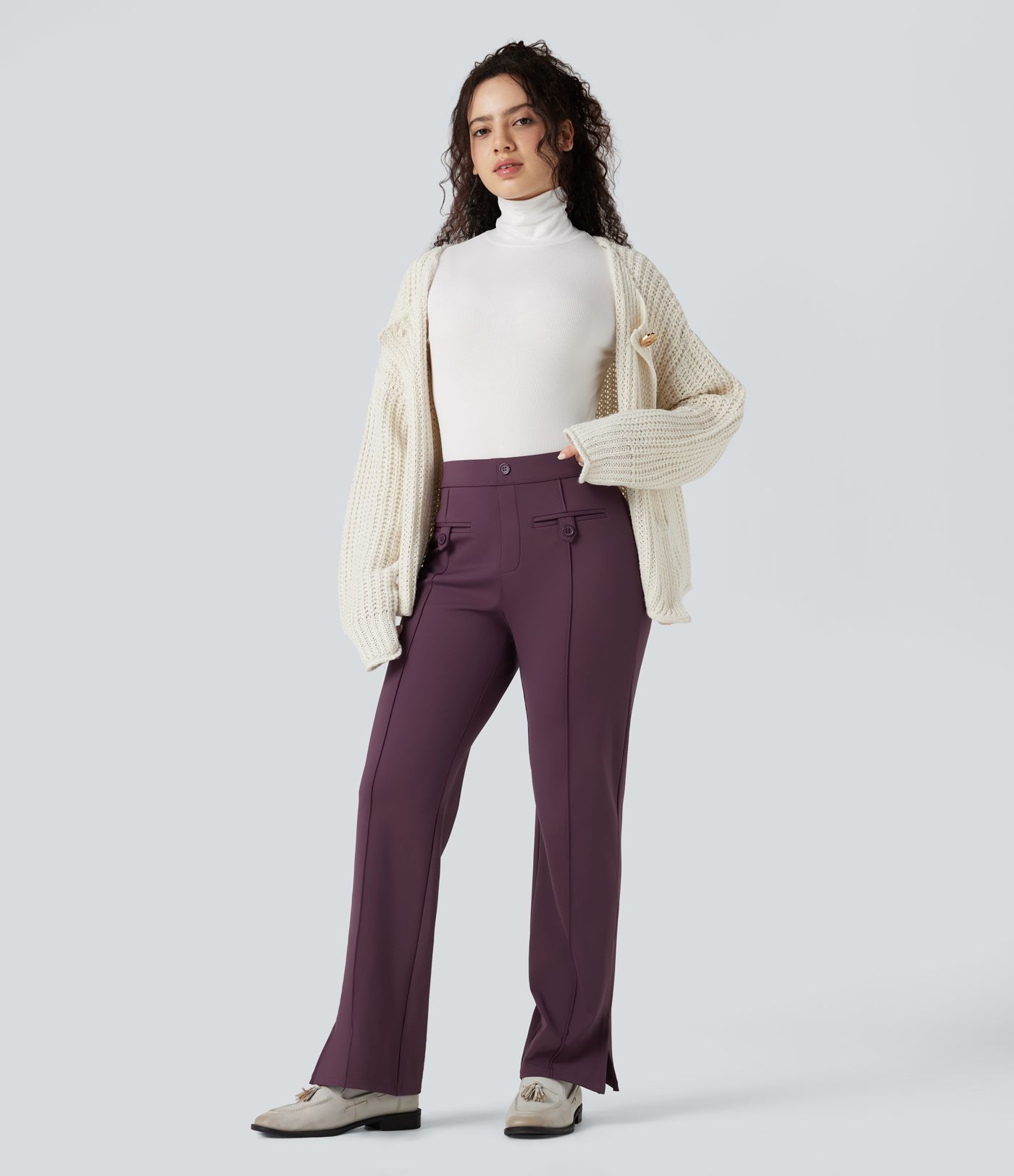 SoftlyZero™ Plush Thermal Mid Rise Split Hem Straight Leg Work Pants with Pockets