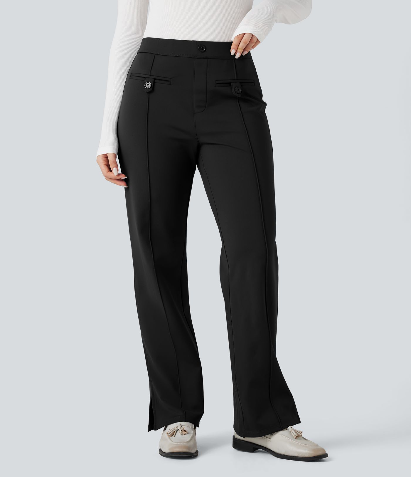 SoftlyZero™ Plush Thermal Mid Rise Split Hem Straight Leg Work Pants with Pockets SoftlyZero™ Plush Thermal Mid Rise Split Hem Straight Leg Work Pants with Pockets
