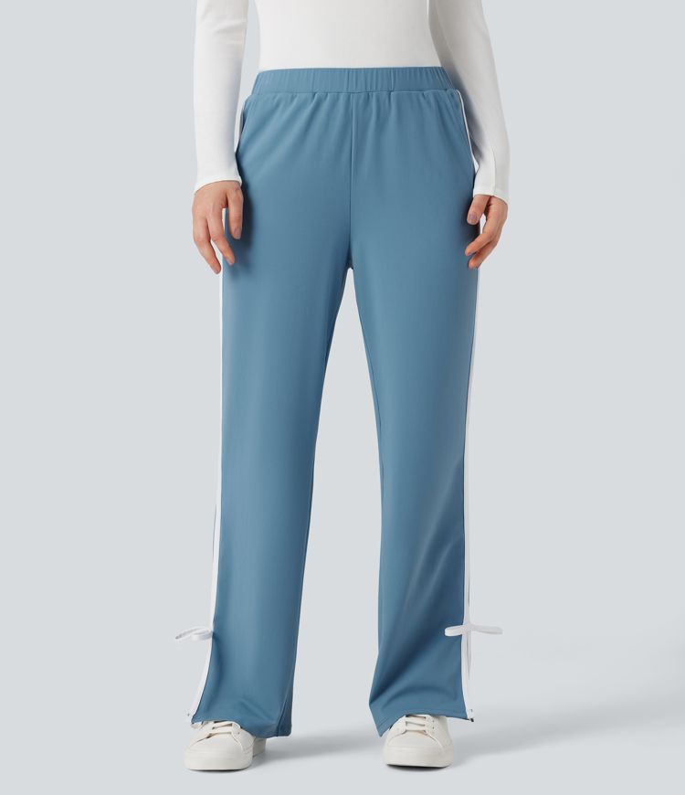 Mid Rise Side Stripe Split Bow Casual Straight-leg Pants with Pockets