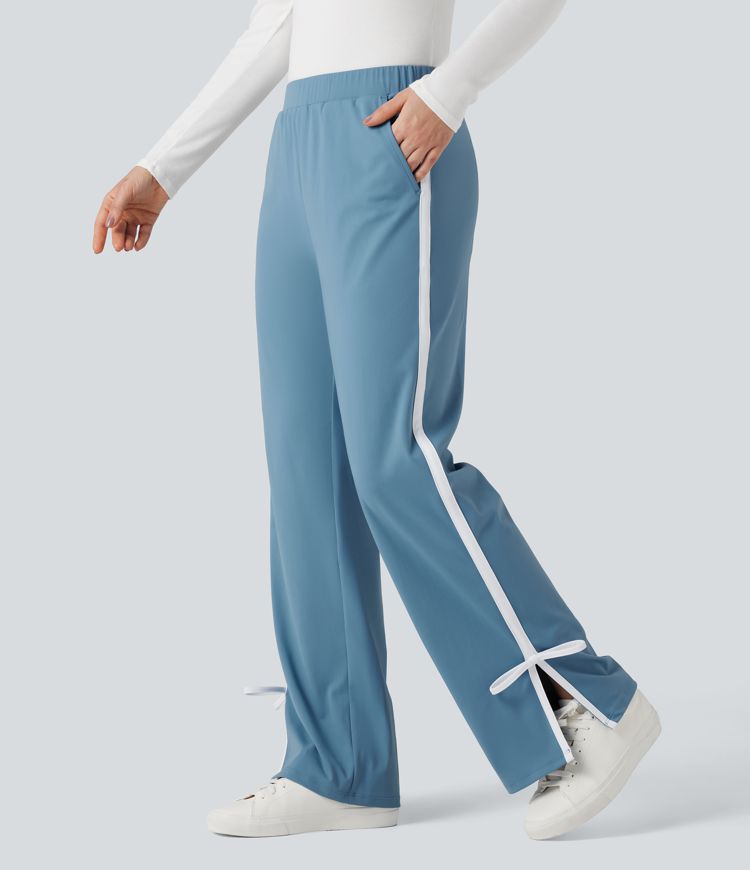 Mid Rise Side Stripe Split Bow Casual Straight-leg Pants with Pockets